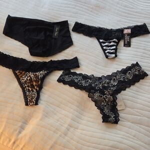 Women's Black Lace & Animal Print Thongs - Pack of 4